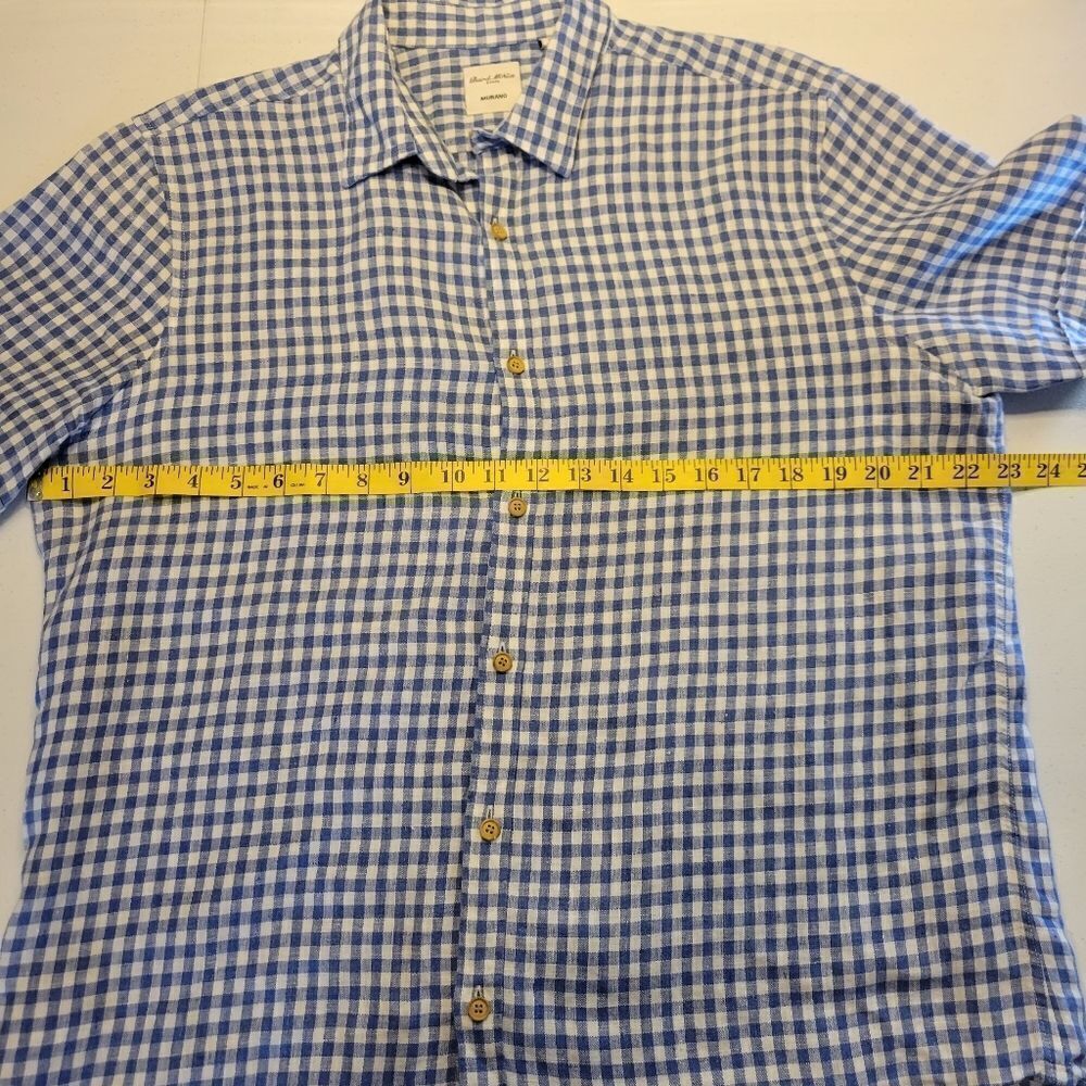 Murano Baird McNutt Linen Blue White Gingham Short Sleeve Button Down Shirt - Picture 9 of 10